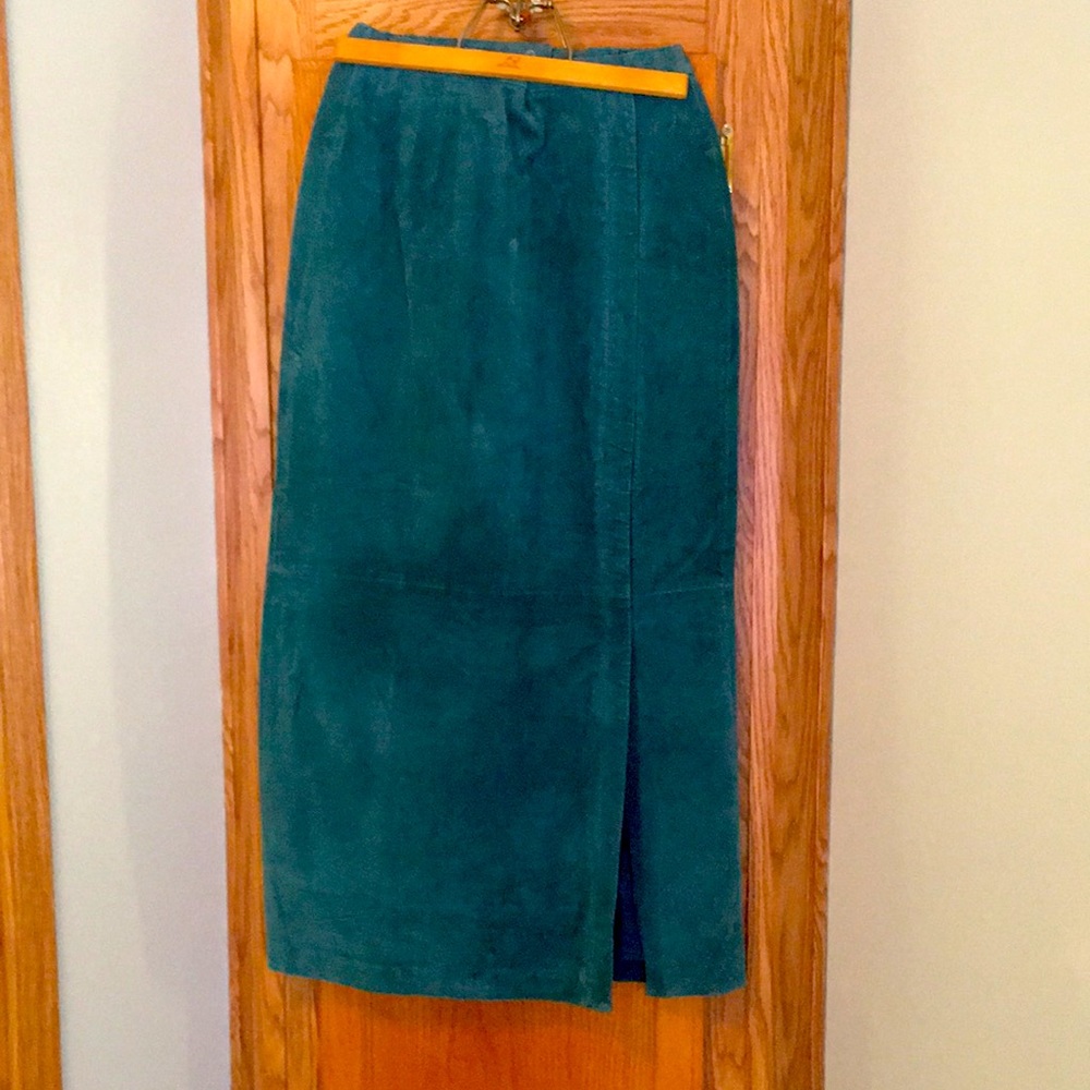 Teal long suede skirt
